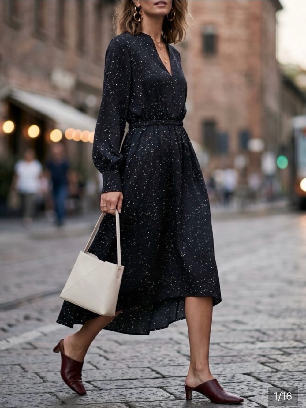 Vince Black Speckle-Print V-Neck Long Sleeve Midi Dress
